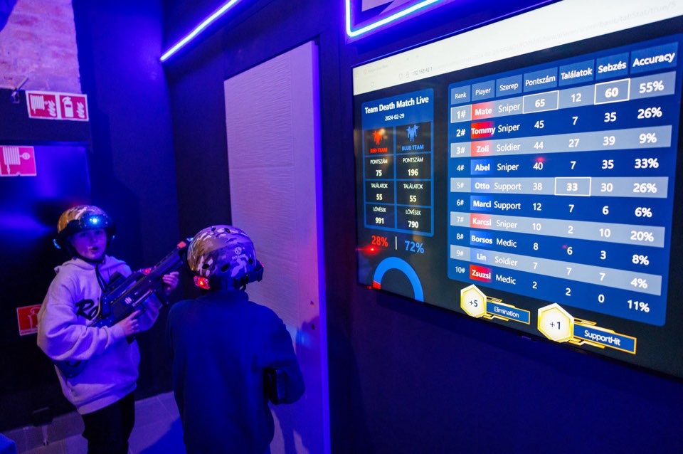 Two visitors wearing virtual reality headsets in front of a large results screen in a blue-lit room.