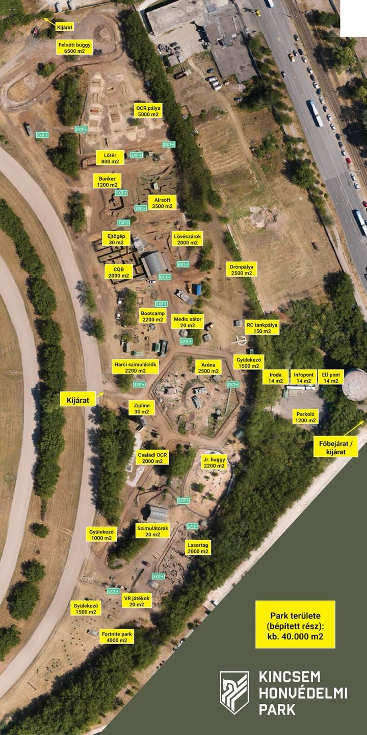 Annotated aerial site map of the park with yellow programme labels.
