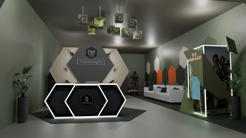 Design visualisation of a recruitment office interior with a hexagonal reception desk.